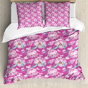 ABAKUHAUS japanisch Bettbezugs Set Für Doppelbetten, Pfingstrose Romantische Blume, Milbensicher Allergiker geeignet mit Kissenbezügen, Pink