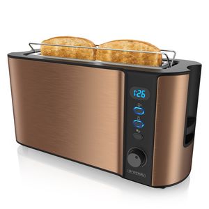 Arendo Toaster Langschlitz für 2 Scheiben, 1000 W, Brötchenaufsatz, Wärmeisoliert, Display, Kupfer