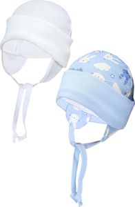 TupTam Baby Erstlingsmütze mit Ohrenklappen 2er Pack, Farbe: Kaninchen Hellblau / Weiß, Größe: 62-68
