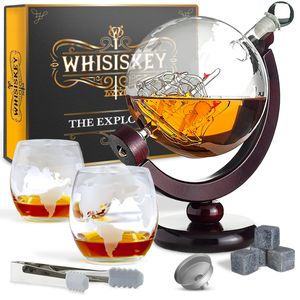 Whisiskey - Whisky Karaffe - Geschenke für Männer - Komplette Whiskey Set - Globus - 900ML – Inkl. 4 Whisky Steine, 2 Whisky Gläser & Ausgießer - Whisky Dekanter  – Whiskygläser
