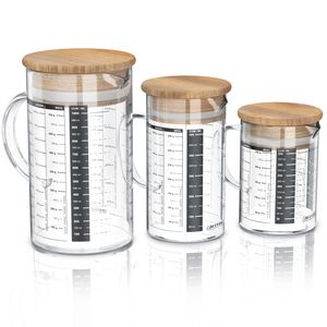 Arendo - Messbecher Set aus Glas - Größen 350ml, 500ml, 1000ml (0,35l 0,5l 1l) – Messkrug Glas Krug – Borosilikatglas – präzise Skala – hitzebeständig – Glasbehälter mit Bambusdeckel - Silikondichtung