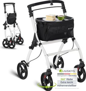 Juskys Indoor Rollator Aktiv - Tasche & Tablett - schmal & faltbar - Weiß