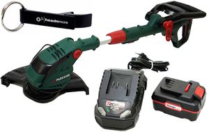 Sada HEADNMORE® - 1x strunová sekačka na trávu PARKSIDE® PRTA 20 / vyžínač okrajů trávníku + 1x klíčenka HEADNMORE® (včetně baterie 1x4Ah)