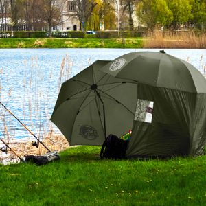 ECD Germany Rybársky dáždnik so zadnou a bočnou stenou, 2,4 m zatvorený, zelený, kaprový stan s 2 oknami, funkcia naklápania rybárskeho dáždnika, vodotesný, nastaviteľný rybársky dáždnik, prepravná taška