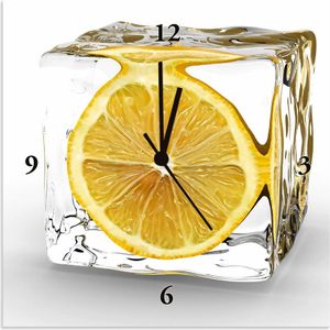 ARTland Wanduhr auf Alu Quarzuhr - schwarzer Zeiger Zitrone im Eiswürfel Größe: 30x30 cm