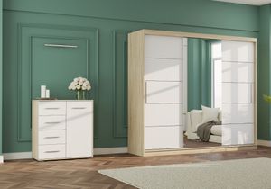 2er-Set Schwebetürenschrank ALBA I Kommode FRIDA MINI 01 Front - Weiß + Spiegel, Korpus - Sonoma Eiche, LED Beleuchtung - Profil LED 250