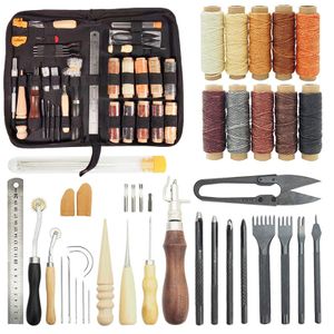 52-teiliges Leder-Nähwerkzeug-Set, DIY-Leder-Werkzeug-Set mit 10 Farben gewachstem Faden, Prisma-Lochstanzer, Lederlocher, Nähnadel, Presswerkzeug, Ahle zum Nähen