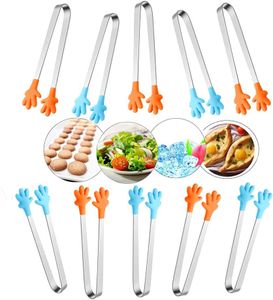 10 Stück Silikon Edelstahl Eiszange, Küche Silikon Zange, Multifunktionale Essen Zange, Handform Zange Beste Küchenhelfer für BBQ, Süßes, Eiswürfel, Salat, EIS (Blau + Orange