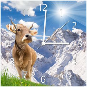 Wallario Design Wanduhr Kuh im Sonnenschein in den Alpen aus Echtglas, Größe 30 x 30 cm