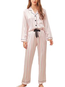 Damen Seide Satin -Pyjama Set Home Striped Nachtwäsche elastische Taille Langarm Nachtwäsche,Farbe:Rosa,Größe:S