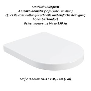 WELLGRO WC-Deckel Duroplast mit Absenkautomatik einfache Reinigung durch Quick Release Button Belastung bis 150kg Toilettendeckel Klobrille WC-Brille, Form:D-Form