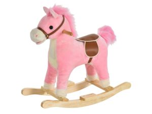 HOMCOM Kinder Schaukelpferd Baby Schaukeltier Pferd mit Tiergeräusche Spielzeug Haltegriffe für 36-72 Monate Plüsch Rosa 65 x 32,5 x 61 cm