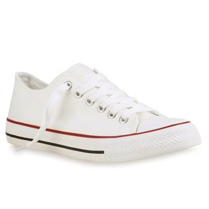 Mytrendshoe Damen Sneakers Sportschuhe Freizeit Schnürer Stoffschuhe 816406, Farbe: Weiß Beige Rotstreifen, Größe: 45