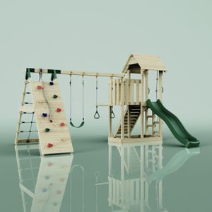 OutdoorToys Spielturm Roskilde aus Holz in Grün Trapezschaukel
