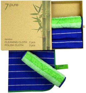 7. PURE Bambus SET | 2 x Putztücher und 3 x Poliertuch | Sauber ohne Putzmittel – antibakteriell – fusselfrei – staubfrei | mühelose Reinigung | Wisch-Lappen, Putzlappen, Fensterleder, Tücher