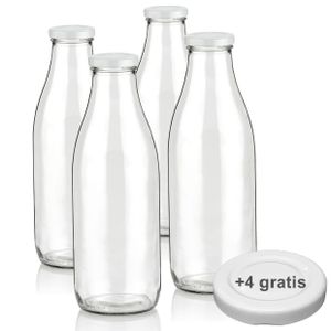 Milchflaschen 1L Smoothie Saft Flaschen 1000ml leere Glasflaschen Deckel BPA frei, 4 Milchflaschen mit 8 Deckeln