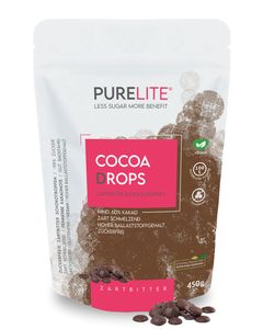 PURELITE Cocoa Drops 450g, zuckerreduzierte/zuckerfreie Schokodrops/Schokolade ohne Zuckerzusatz mit Erythrit & Stevia ohne Nachgeschmack, zartbitter