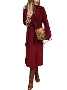 Frauen Winter Warme Dicke Windbreaker Mantel mit Gürtel Wolle Frauen Freizeit Einfarbige Windbreaker, Farbe: Rotwein, Größe: 2xl