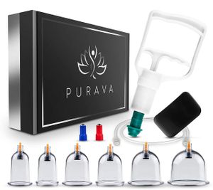 PURAVA® [12 Stück] - Kunststoff-Schröpfgläser mit Vakuumpumpe - Medizinische Schröpfen mit Therapiemagneten - Schröpfglas gegen Verspannungen und Cellulite