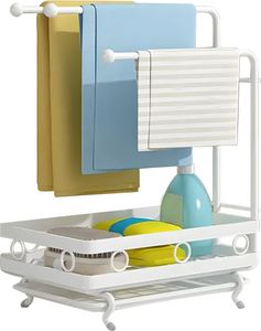 Heikoeco® Spülbecken Organizer, Metall Küchen Organizer,  mit Schwammhalter & 3 Lappenhalter & Abnehmbare Abtropfschale Weiß, Stehend