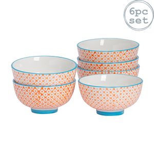 Nicola Spring 6 Stück Hand Printed Rice Bowl Set - Japanisches Art Porzellan-Frühstück Getreide Dessert Servierschalen - Orange - 12cm