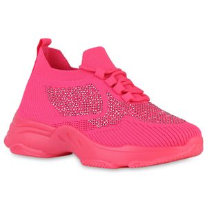VAN HILL Damen Plateau Sneaker Strass Schnürer Strick Profil-Sohle Schuhe 840258, Farbe: Neon Pink, Größe: 38