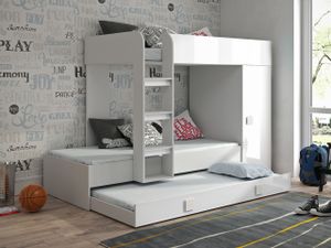 RIFE 2 Hochbett Etagenbett 3 Liegeflächen Kleiderschrank Weiß/Weiß + weiße Griffe 90x200 cm