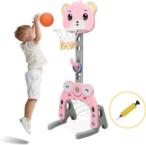 COSTWAY Detský basketbalový stojan s nastaviteľnou výškou, 3 v 1 Detské ihrisko Basketbalový obruč a futbalová bránka a hra na hádzanie, vnútorný a vonkajší košový systém