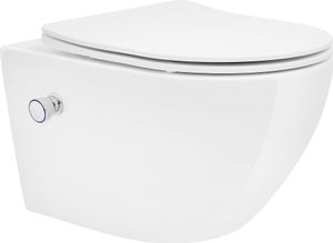 LuxeBath závesné WC bez ráfika dlhé 52 cm, biele, z keramiky s funkciou bidetu, WC s mäkkým zatváraním Soft-Close odnímateľné WC sedadlo Duroplast
