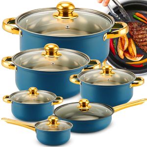Topfset, Pfannenset 12-teilig, Kochtopfset, Kochtöpfe, Töpfe mit Glasdeckel, Induktionsgeeignet, Blau-Gold, Edelstahl - Retoo Topfset, Pfannenset 12-teilig, Kochtopfset, Kochtöpfe, Töpfe mit Glasdeckel, Induktionsgeeignet, Blau-Gold, Edelstahl - Retoo