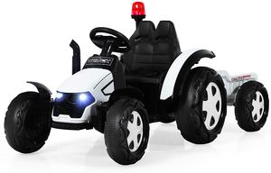 GOPLUS Elektrotraktor für Kinder 3-8 Jahren, 12V Traktor mit 2,4G Fernbedienung/abnehmbarem Anhänger/Scheinwerfer/Hupe/MP3-Player/USB-Anschluss/Warnleuchte, Spielzeugtraktor, Aufsitztraktor (Weiß)