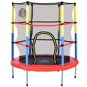 Merax Mini trampolína φ140cm dětská trampolína s bezpečnostní sítí a basketbalovým košem, vnitřní a venkovní trampolína pro děti, fitness trampolína s nosností do 45 kg, červená/žlutá/modrá