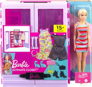 Mattel Barbie HJL66  Traum Kleiderschrank mit einer Puppe im gestreiften Kleid und weißen High Heels zusätzlich über 15 Zubehör