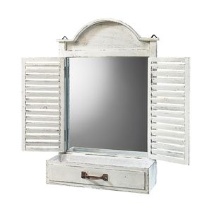 Drevený rám okna Kobolo Deco so zrkadlom a kvetináčom - biely vintage - 69x13x62 cm