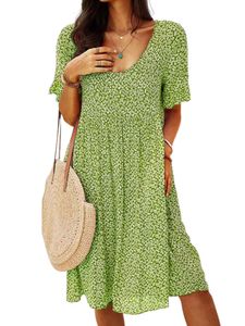 Damen Plissee Loses Kleider Strand Kurzarm Mini Kleid Lässige Floral Gedruckt Chiffonrock Grün,Größe:3xl
