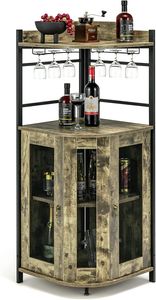 COSTWAY Priemyselná vinotéka, barová skrinka s držiakom na sklo, rohová kuchynská skrinka, z kovového rámu, 46 x 46 x 130 cm