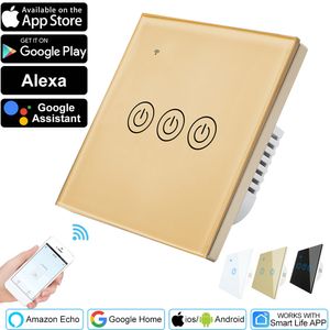 Tuya Smart Wifi Touch Lichtschalter Wandschalter Touchscreen Alexa Google Steuern Schalter, 3-Gang Gold