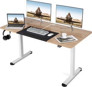 Elektrický výškovo nastaviteľný stôl COSTWAY, ergonomický stôl na sedenie s vešiakom na káble a háčikom, 140 cm x 70 cm stojaci stôl pre domácu kanceláriu, učebňu, spálňu (prírodný)