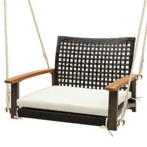COSTWAY Rattan Hängesessel bis 180kg, Hängesitz mit Kissen, Holzarmlehne & Hängeseilen, Terrassenschaukel