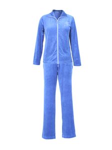 DeSen Damen Velours Nicki Hausanzug Freizeitanzug Nicki-Anzug mit Reißverschluss und Glitzersteinen Royal Blau 40/42