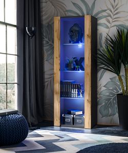 Komodee | Vitrine Schrank Tivoli mit 3 Regalböden, Korpus Schwarz Matt Frontfarbe Wotan Matt, LED Blau