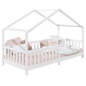 Hausbett LISAN aus massiver Kiefer in weiß, schönes Montessori Bett in 90 x 200 cm, stabiles Indianerbett mit Rausfallschutz und Dach