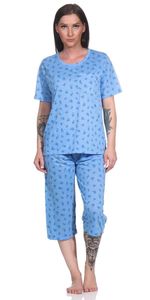Damen Pyjama 3/4 Hose & Shirt Schlafanzug Hausanzug Sommer;  Blau/2XL/44