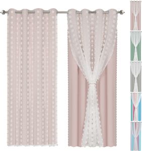 Vorhänge Doppelschicht Ösen Fenstervorhang 2er Set Rosa Pompom Verdunkelungsvorhang Tulle Gardinen Schlafzimmer Kinderzimmer, 132x160cm
