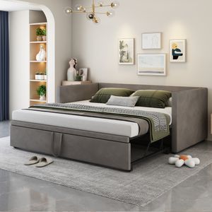 Merax Rozkládací postel 90x200 cm/180x200 cm, rozkládací pohovka s lamelovým rámem a područkami, sametově čalouněná rozkládací postel pro děti