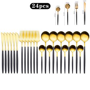 24 Teilig Besteck Set 6 Personen Edelstahl Messer Gabel Löffel Geschirrset Tafelbesteck, Schwarz Bestecksets