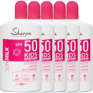 Sherpa Tensing 5x Sonnencreme für Kinder SPF 50 Sofortiger Schutz 100% Vegan Wasserfest Sanft zu Kinderhaut Swiss made  getestet