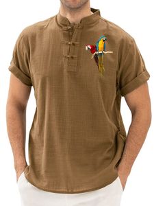 Männer Kurzarm Sommertimen Sport Vogelprint T -Shirts lässig Henley Neck Bluse,Farbe:Braun,Größe:M