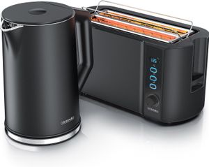 Arendo 2-teiliges Frühstücks-Set, Edelstahl Wasserkocher ELEGANT 1,5l, 4-Scheiben Langschlitztoaster, Schwarz
