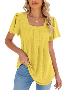 Damen Blusen Elegant T-Shirt Casual Rundhals Oberteile Kurzarm Tops Tshirts Pullover Gelb,Größe L